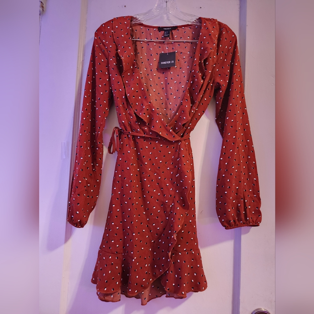 Forever 21 Polka Dot Wrap Dress Rust Color Size S